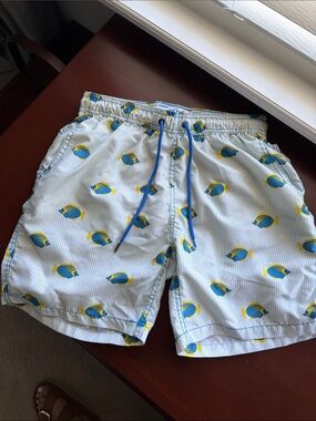 Mr.Swim White Swim Trunks with Blue Drawstring and Yellow & Blue Fish Print